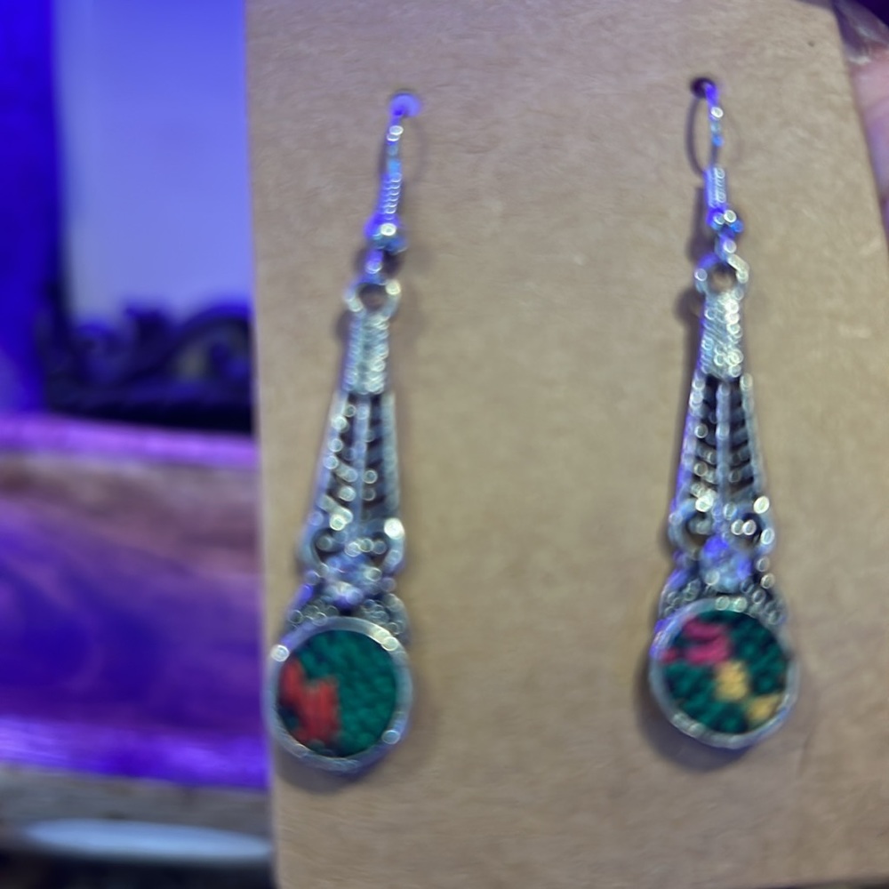 NEW Earrings, Silver with Green, Orange and yellow design, 2” - Picture 7 of 7